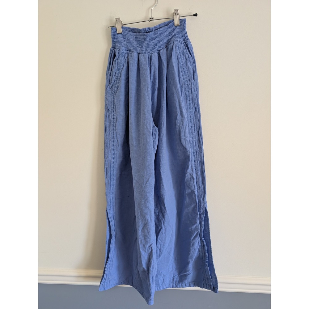 Blanco By Nature Blue Cotton Gauze Wide Leg Smocked Pants Crochet Trim Large